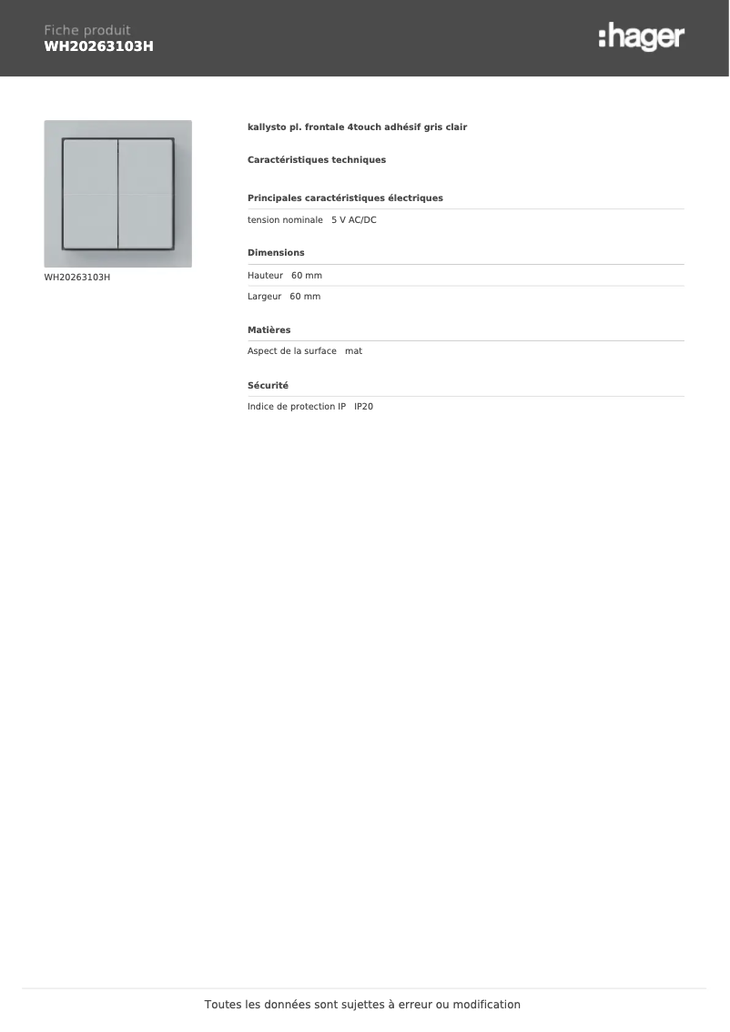 Page 1 de la notice Fiche technique Hager WH20263103H