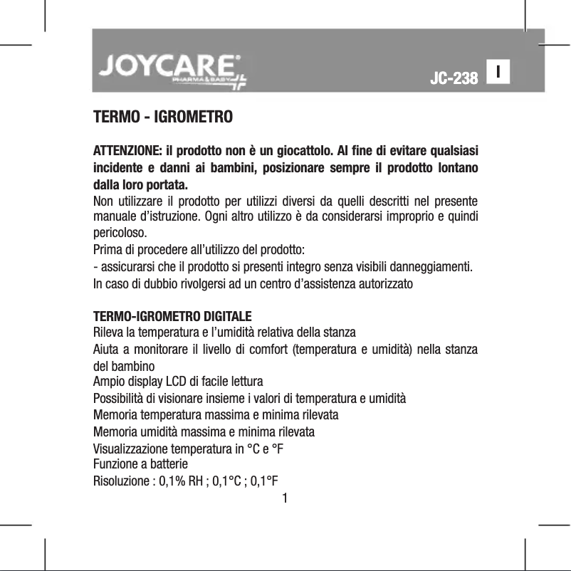 Page 1 de la notice Manuel utilisateur Joycare JC-238