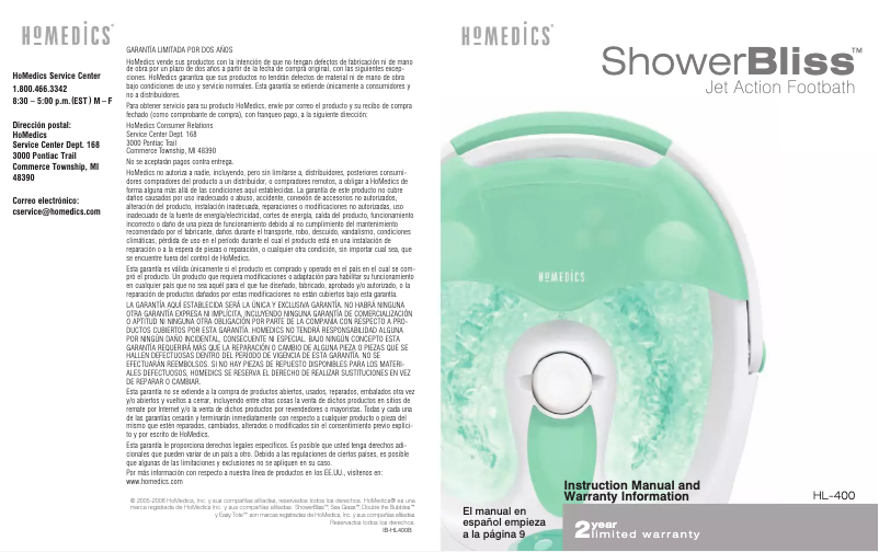 Image de la première page du manuel de l'appareil ShowerBliss HL-400
