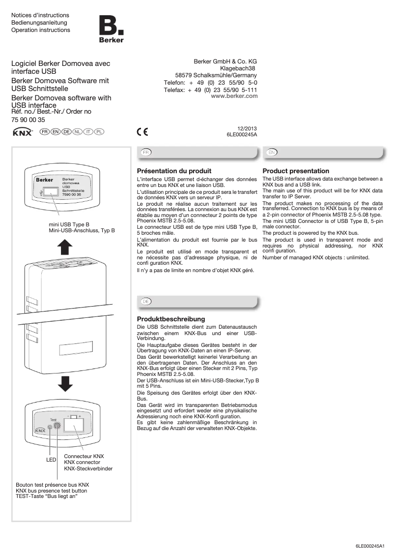 Page n°1 - Manuel utilisateur Berker 75900035
