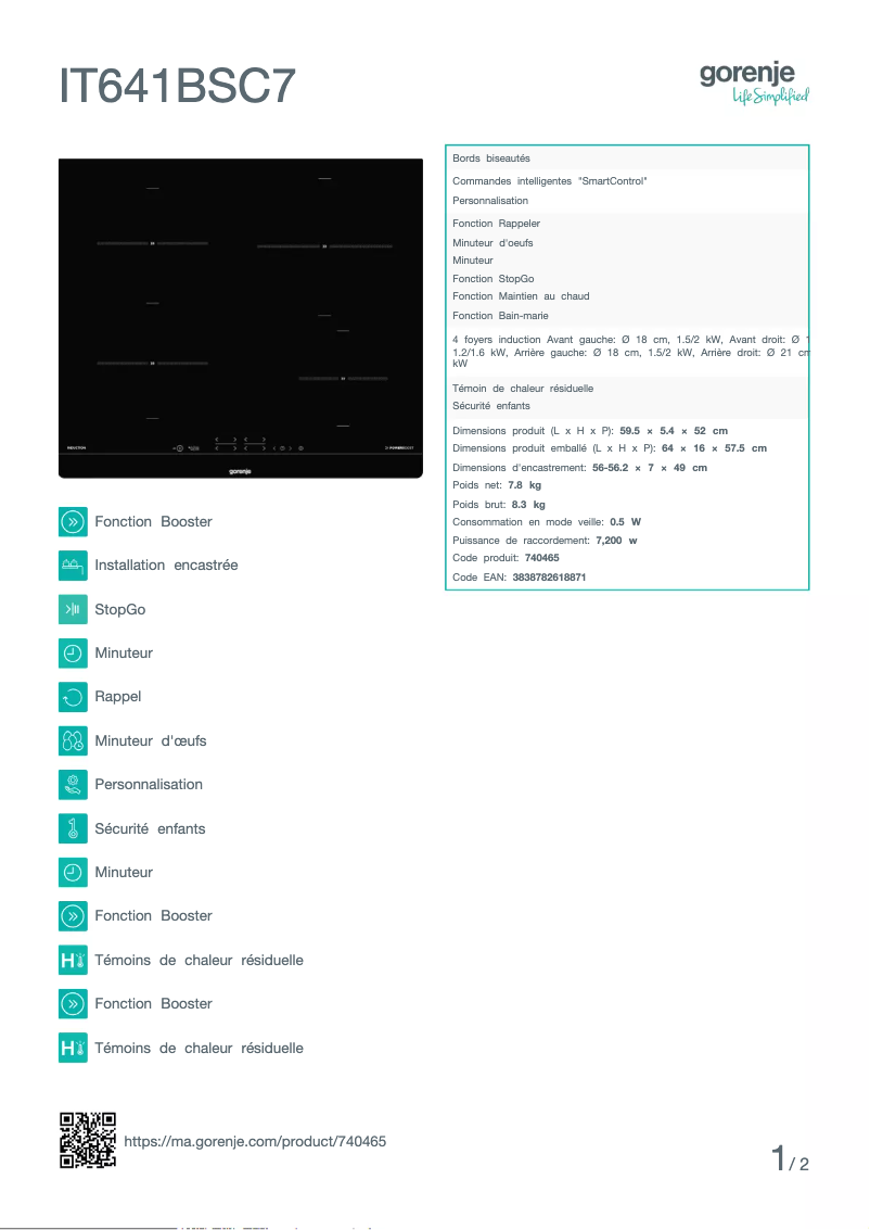 Page n°1 - Fiche technique Gorenje IT641BSC7
