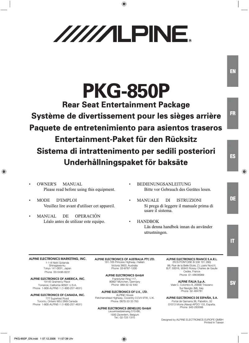 Page n°1 - Manuel utilisateur Alpine PKG-850P