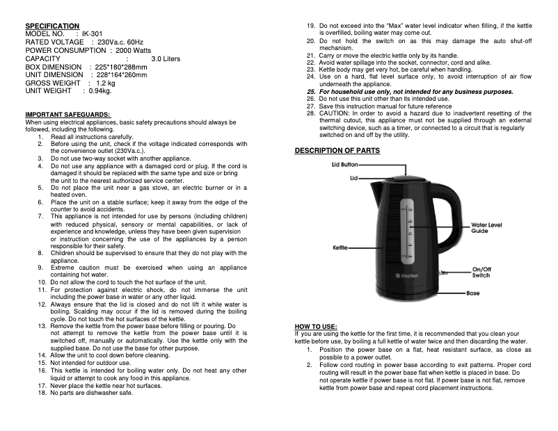 Image de la première page du manuel de l'appareil IK-301