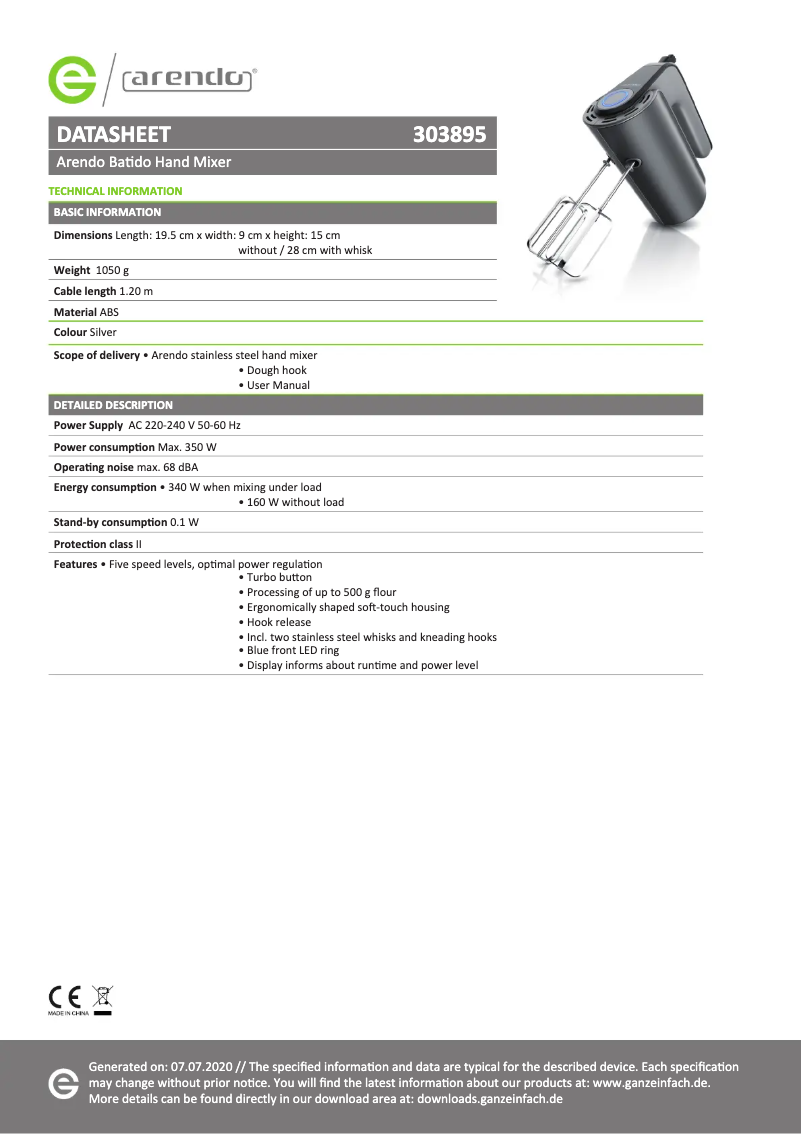 Page 1 de la notice Fiche technique Arendo 303895