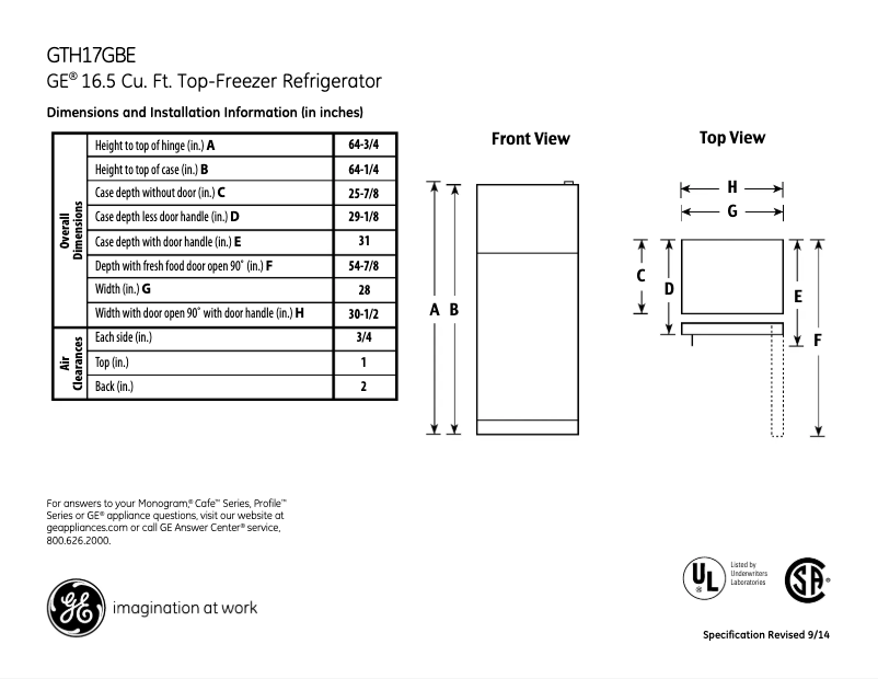 Page 1 de la notice Fiche technique GE GTH17GBEBB