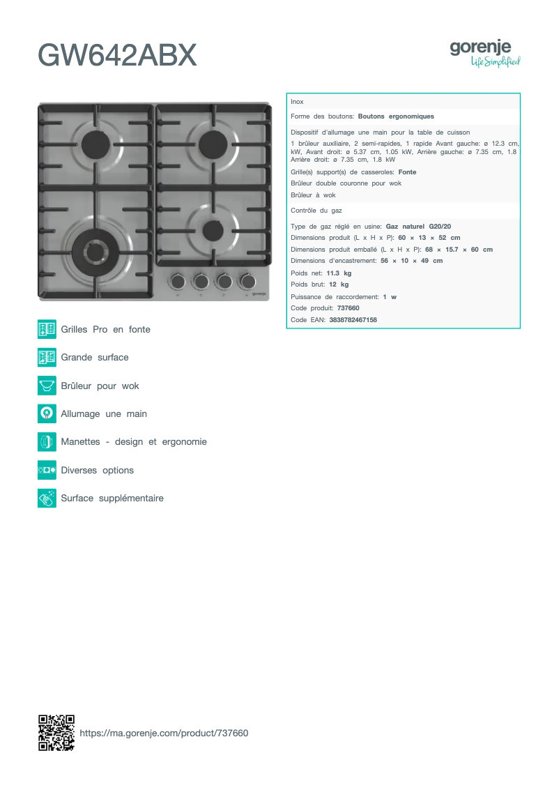 Page n°1 - Fiche technique Gorenje GW642ABX