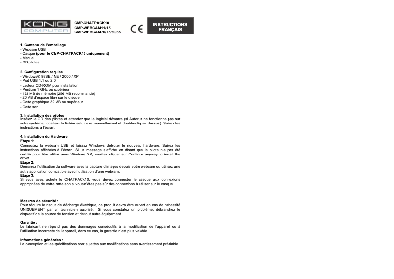 Page 1 de la notice Manuel utilisateur Konig CMP-WEBCAM15