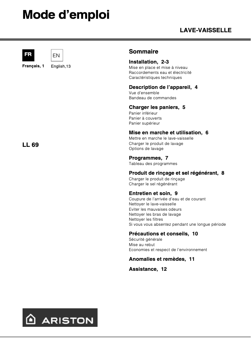 Page 1 de la notice Manuel utilisateur Hotpoint Ariston LL69 FR