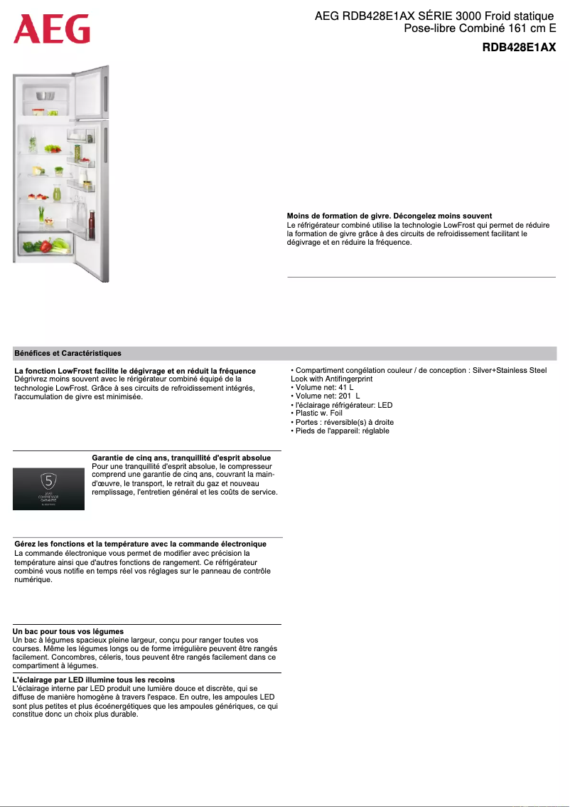 Page 1 de la notice Fiche technique AEG RDB428E1AX