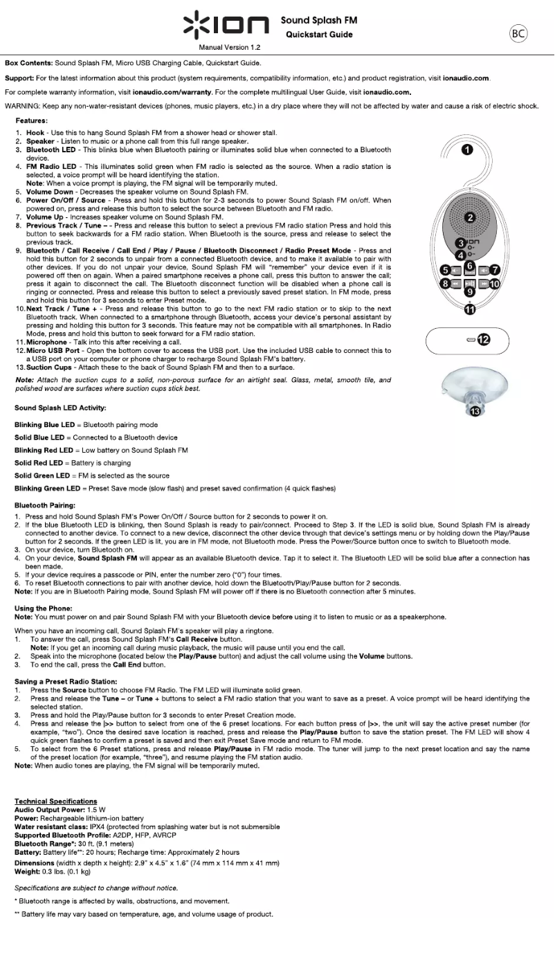 Page 1 de la notice Manuel utilisateur ION Sound Splash FM
