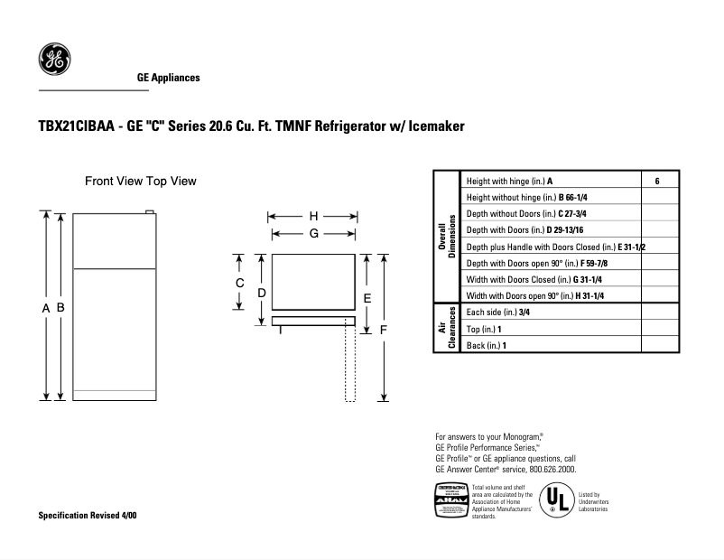 Page n°1 - Fiche technique GE TBX21CIBAA