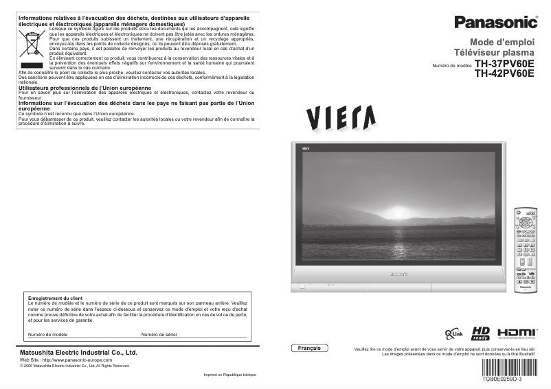 Page 1 de la notice Manuel utilisateur Panasonic Viera TH-37PV60E