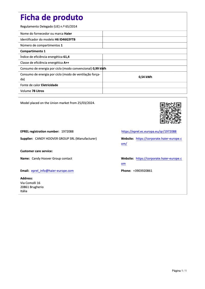 Page 1 de la notice Brochure Haier H6 ID46G3YTB