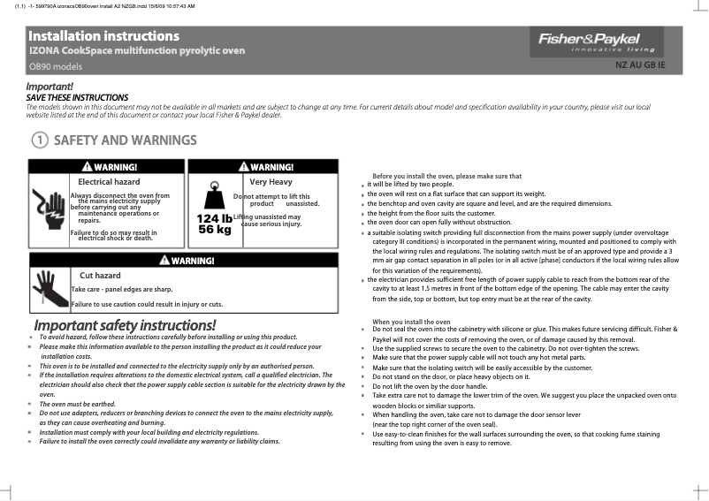 Page 1 de la notice Guide d'installation Fisher & Paykel OB90S9MEPX2