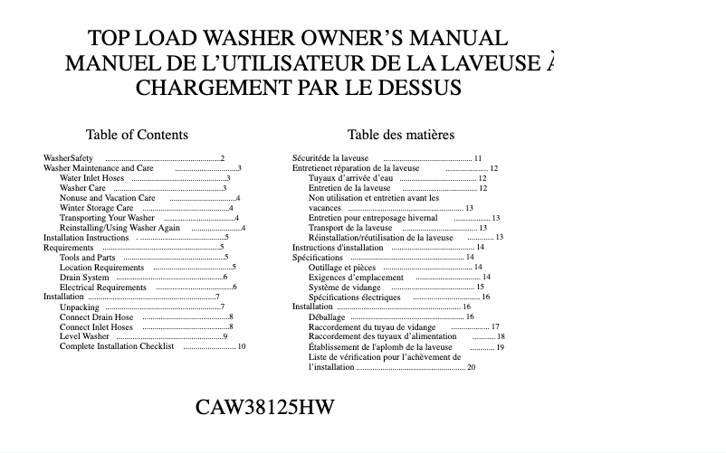 Page n°1 - Manuel utilisateur Crosley CAW38125HW