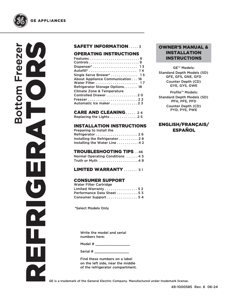 Page 1 of the manual Installation Guide GE PFD28KYNFS