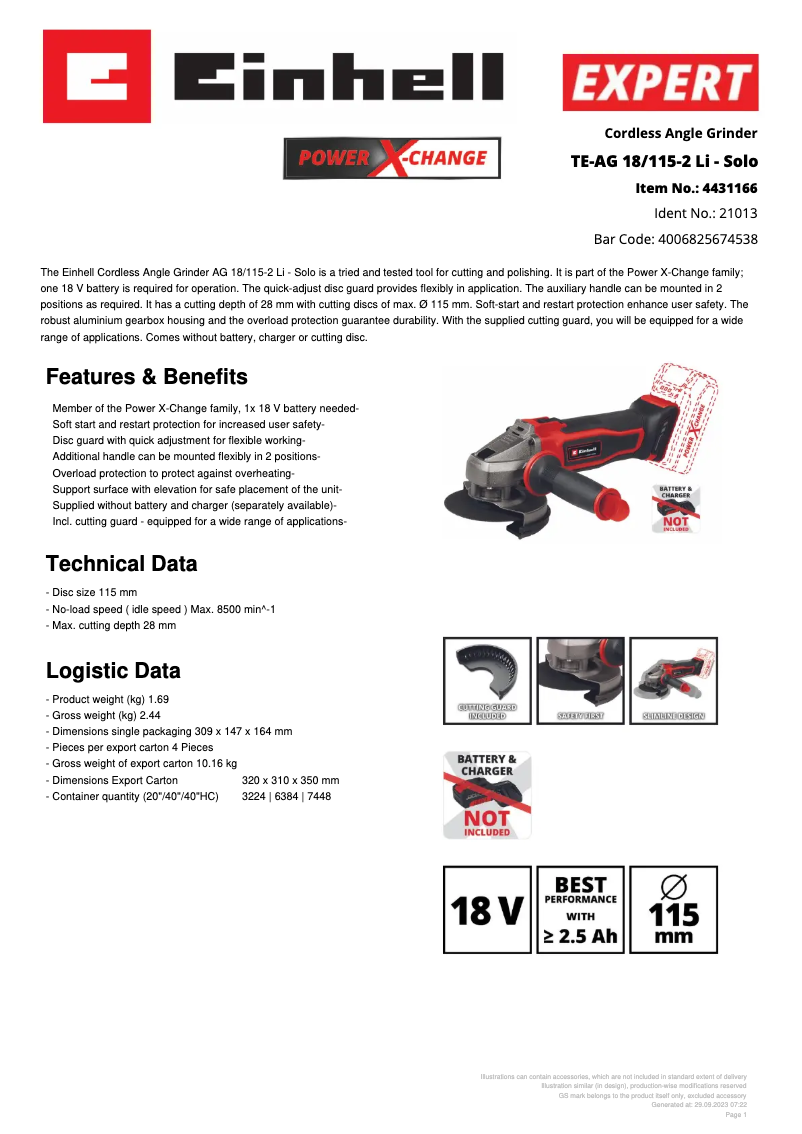 Page n°1 - Fiche technique Einhell TE-AG 18/115-2 Li