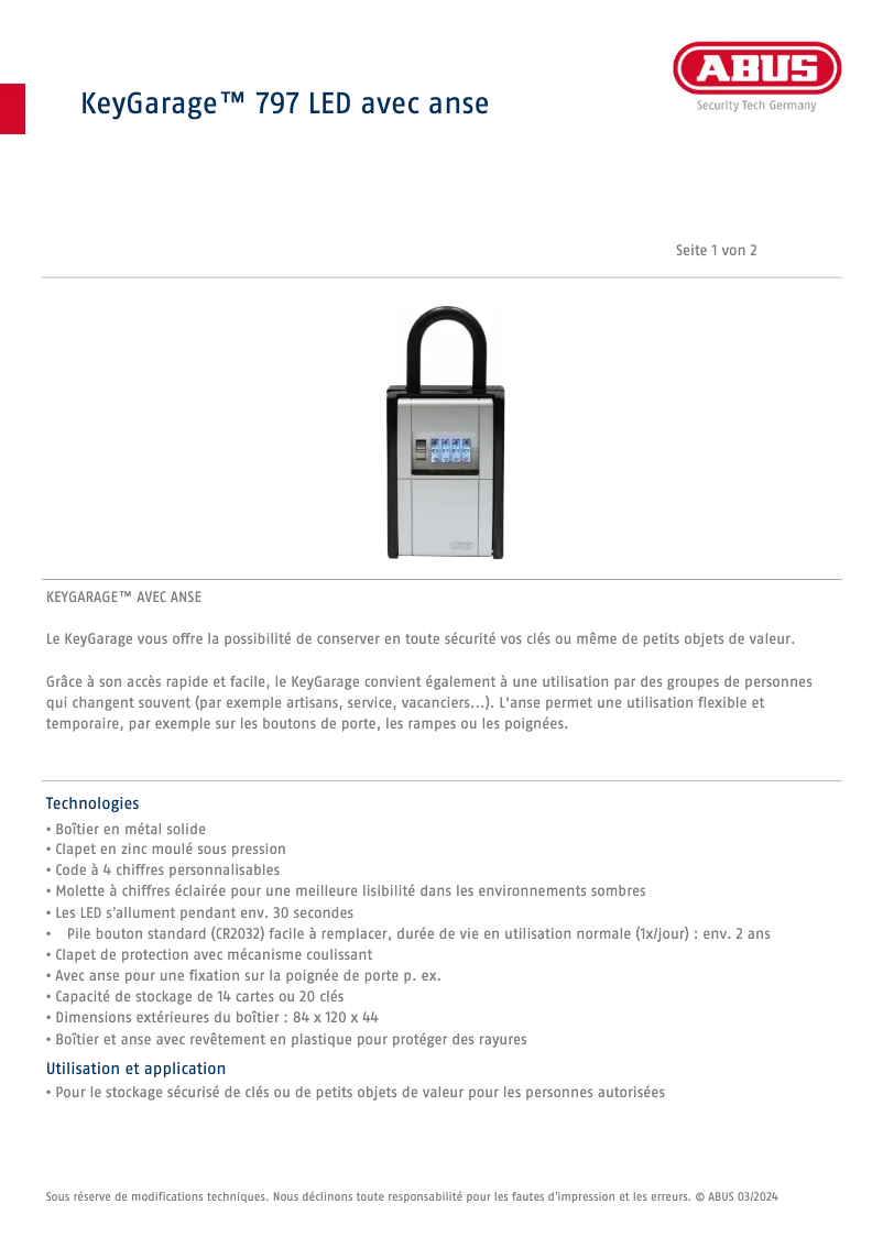 Page 1 de la notice Fiche technique Abus KeyGarage 797 LED
