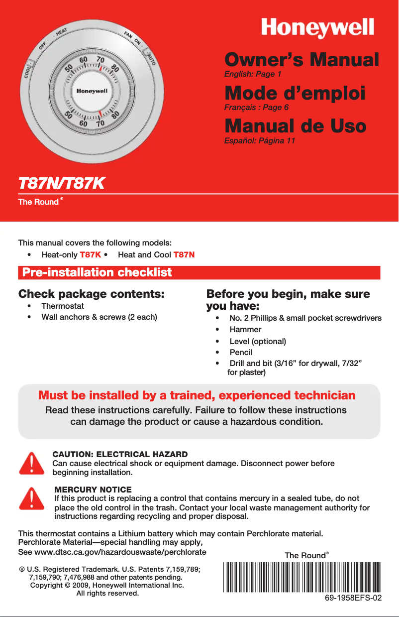 Page 1 de la notice Manuel utilisateur Honeywell The Round T87K