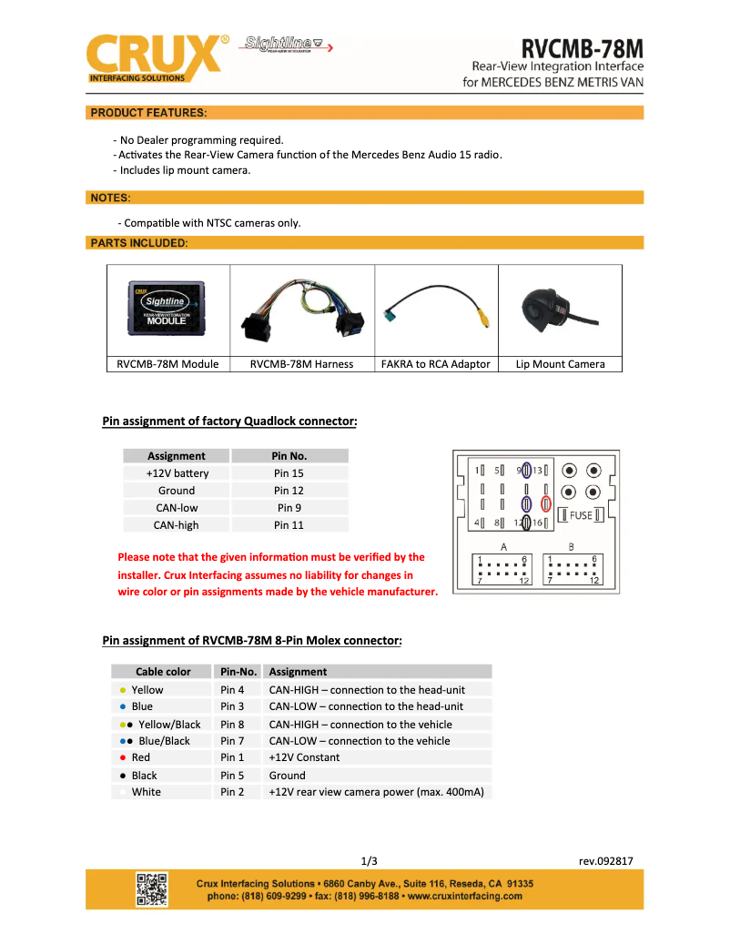 Page 1 de la notice Manuel utilisateur CRUX RVCMB-78M