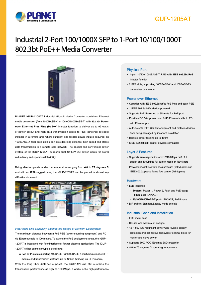 Page 1 de la notice Fiche technique Planet IGUP-1205AT
