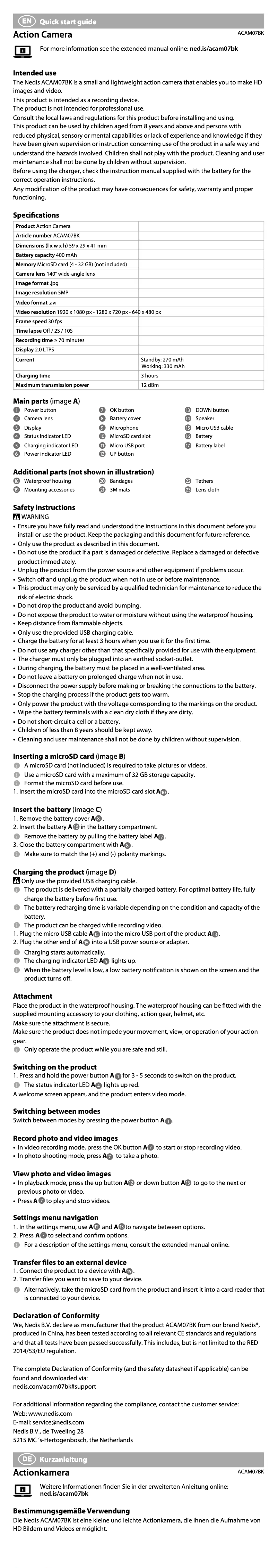 Image de la première page du manuel de l'appareil ACAM07BK