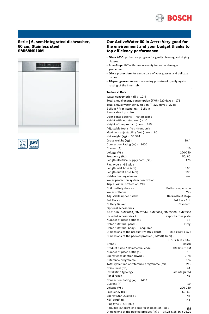 Page n°1 - Fiche technique Bosch SMI68NS10M