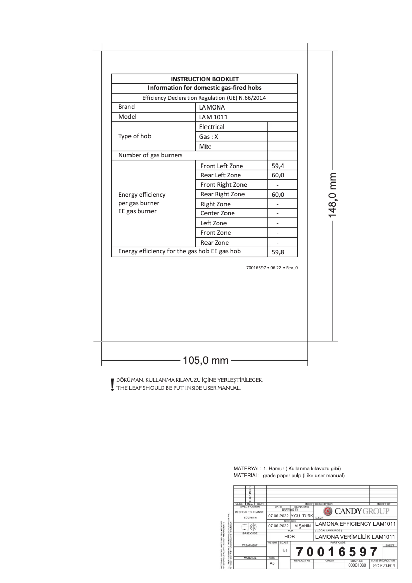 Page n°1 - Fiche technique Lamona LAM1011