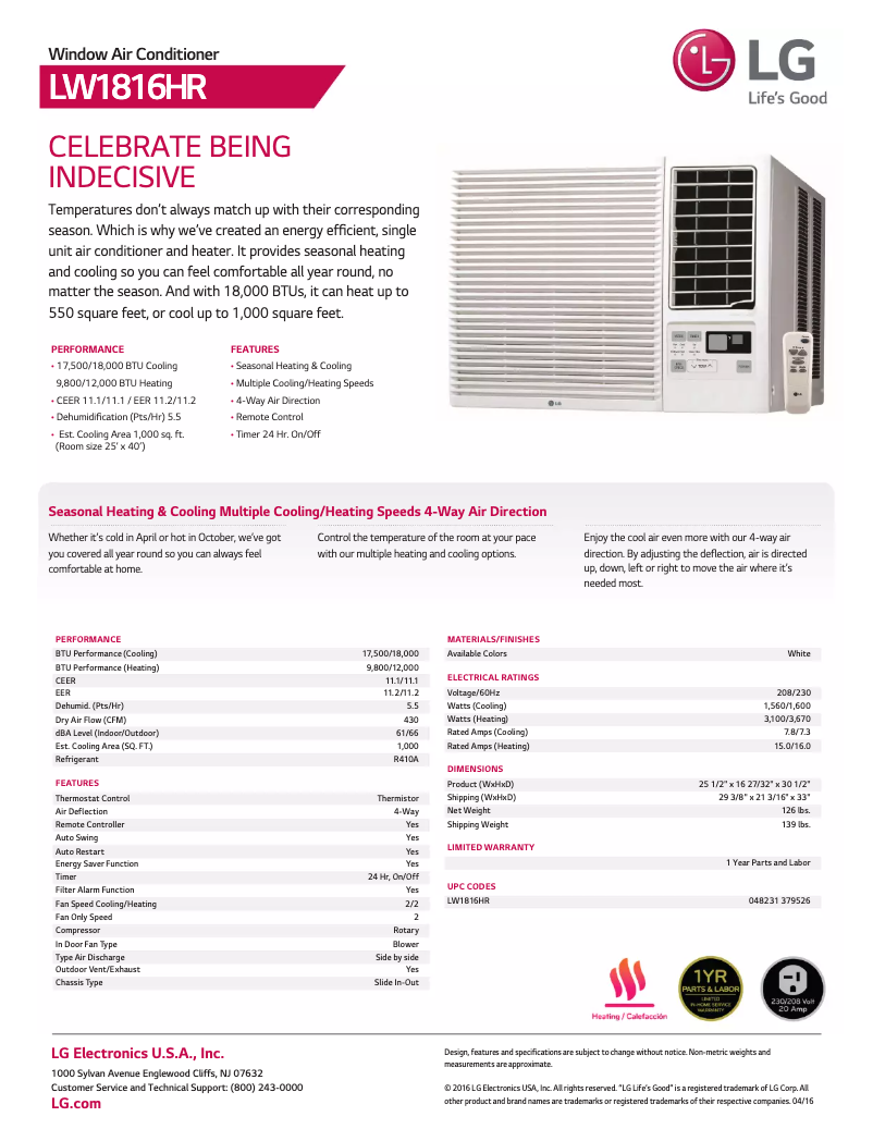 Page 1 de la notice Fiche technique LG LW1816HR