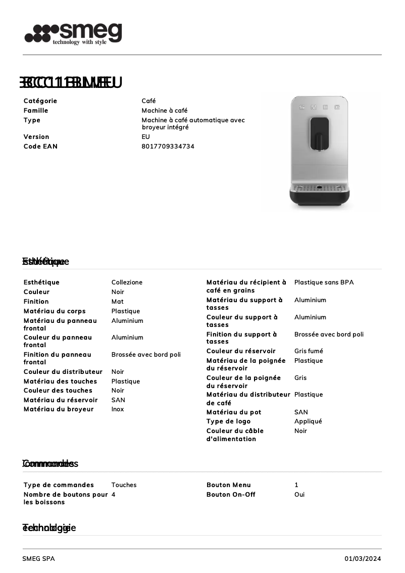 Page 1 de la notice Fiche technique Smeg BCC11