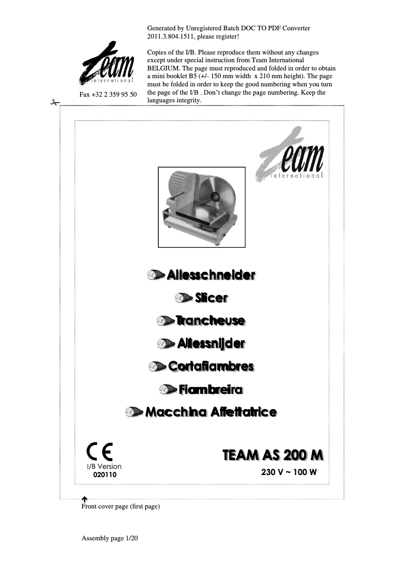 Page n°1 - Manuel utilisateur Team AS 200M