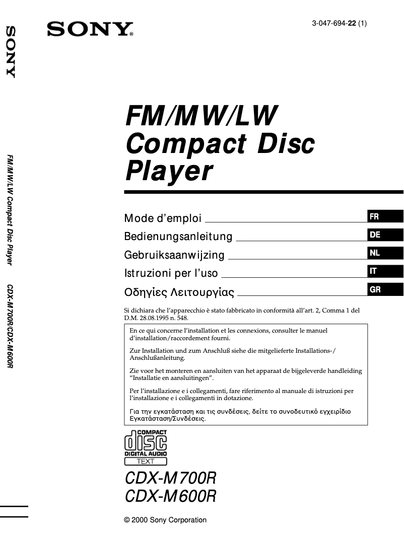 Page 1 de la notice Manuel utilisateur Sony CDX-M600R