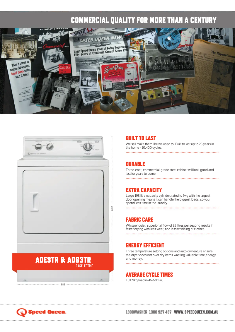 Page 1 de la notice Fiche technique Speed Queen ADE3TR