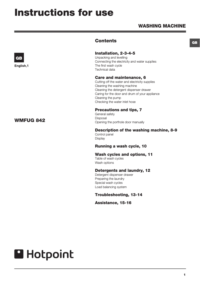 Page 1 de la notice Manuel utilisateur Hotpoint WMFUG 842K UK