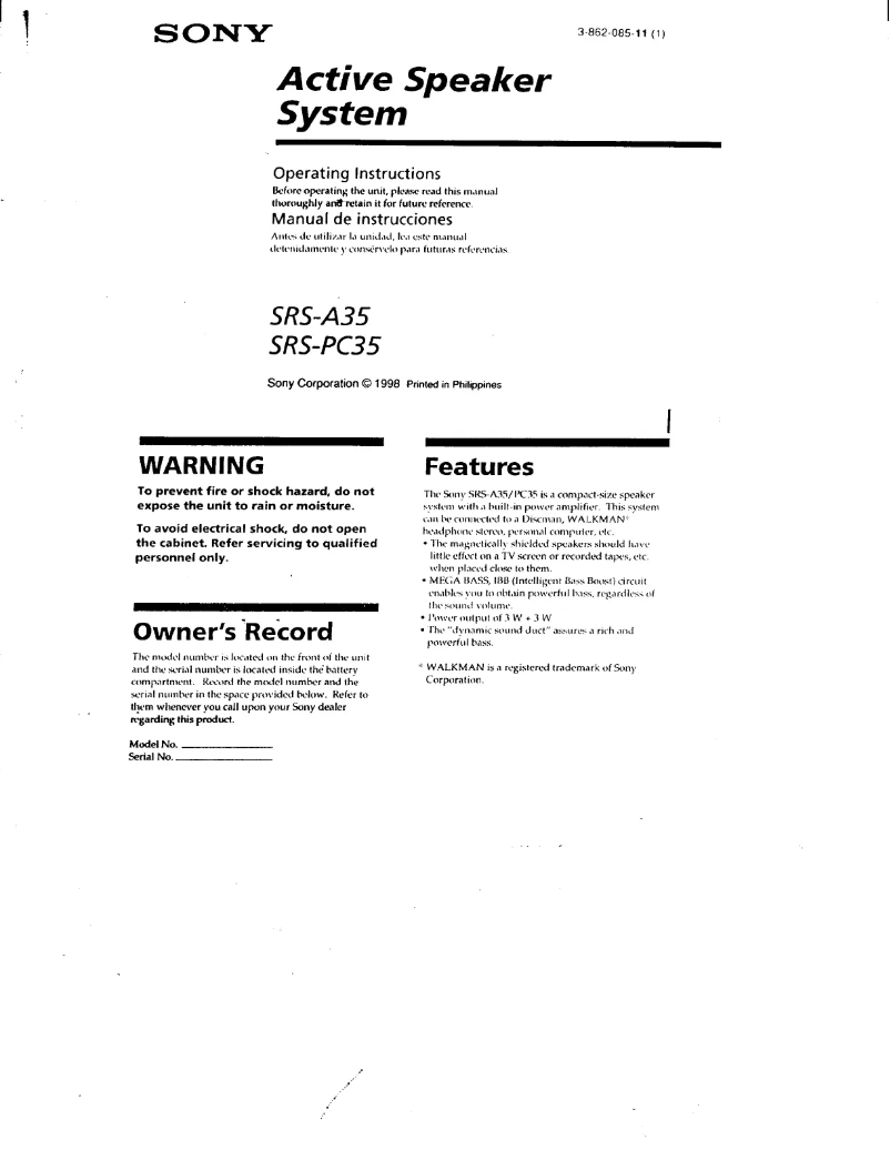 Page 1 de la notice Manuel utilisateur Sony SRS-A35