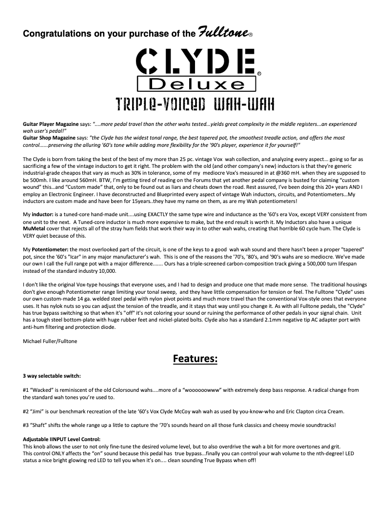 Image de la première page du manuel de l'appareil Clyde Deluxe