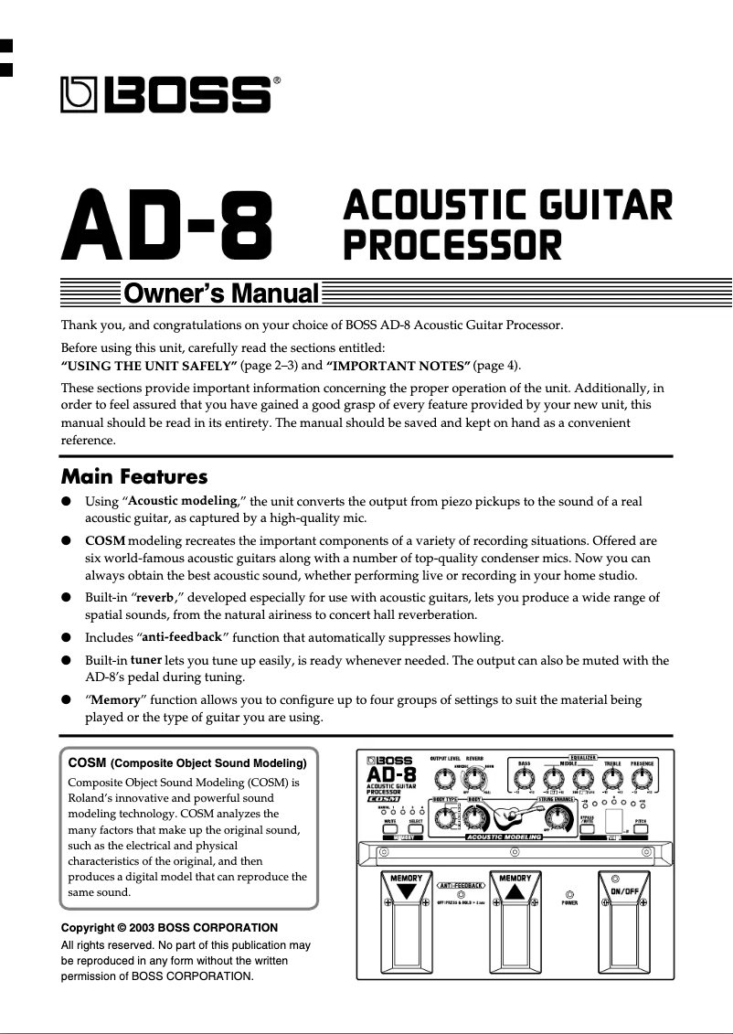 Page 1 de la notice Manuel utilisateur Roland BOSS AD-8