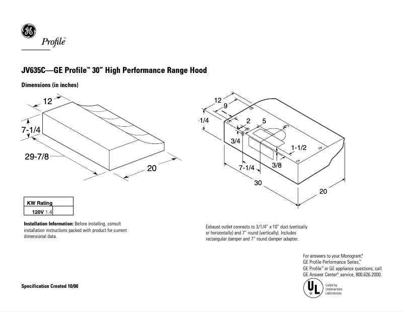 Página 1 del manual Ficha técnica GE Profile JV635CWW