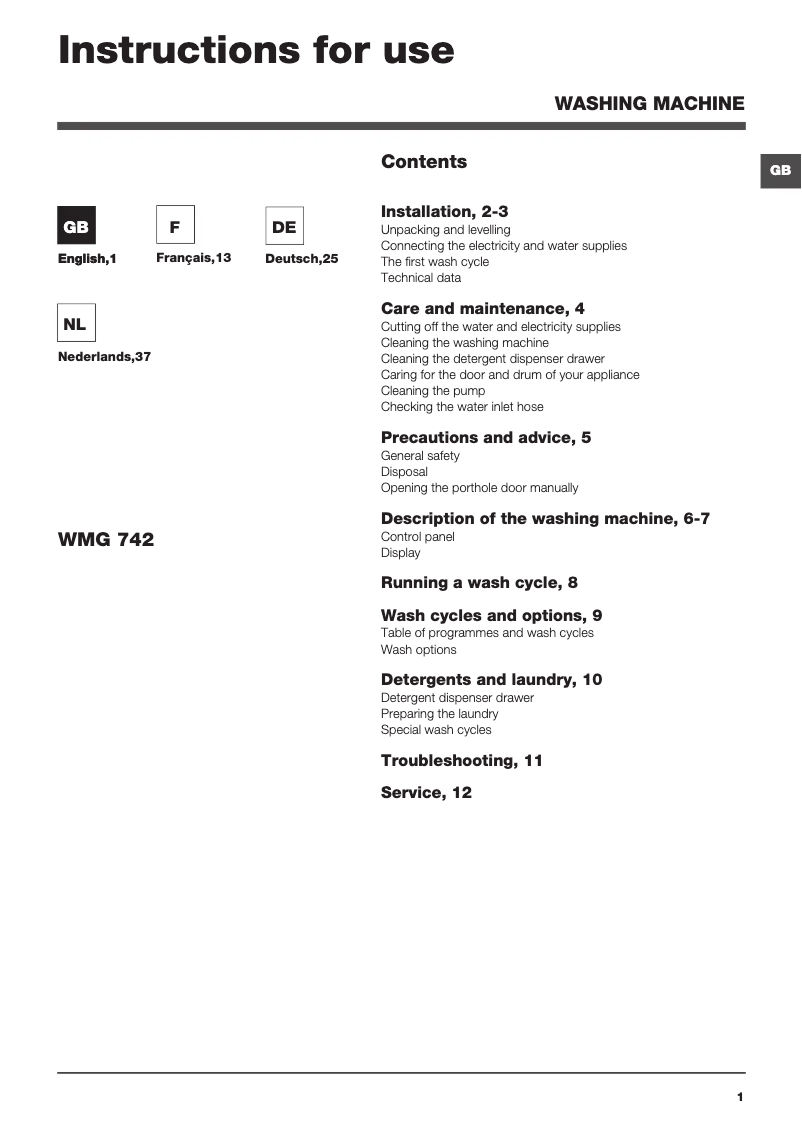 Image de la première page du manuel de l'appareil WMG 742 EU