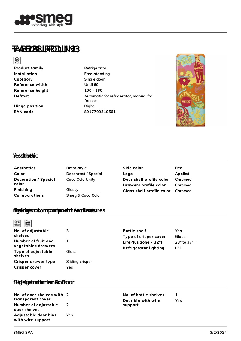 Page 1 de la notice Fiche technique Smeg FAB28URDUN3