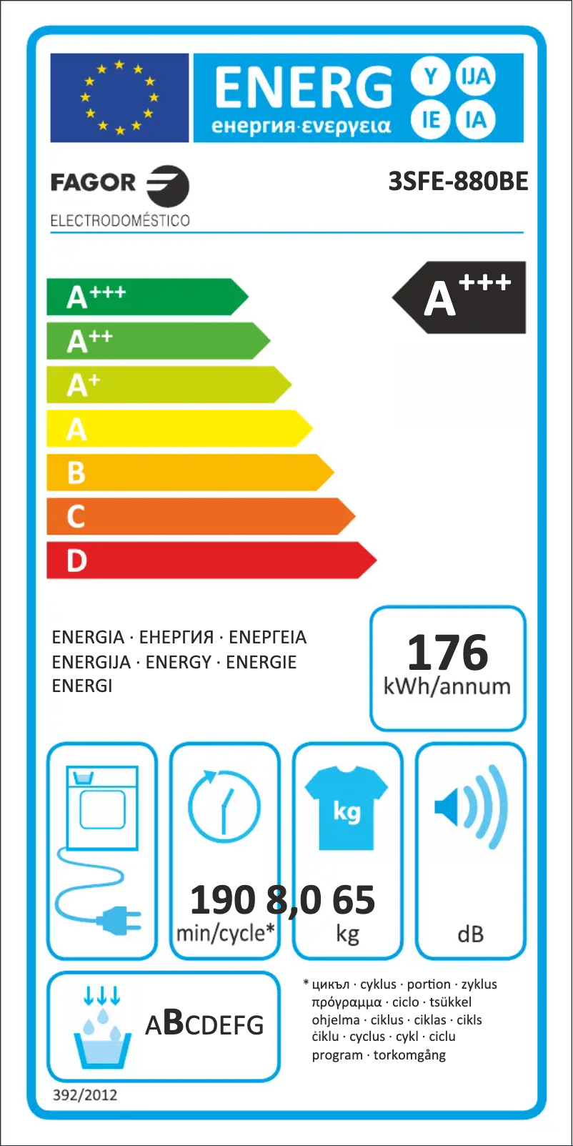 Page 1 de la notice Label énergétique Fagor 3SFE-880BE