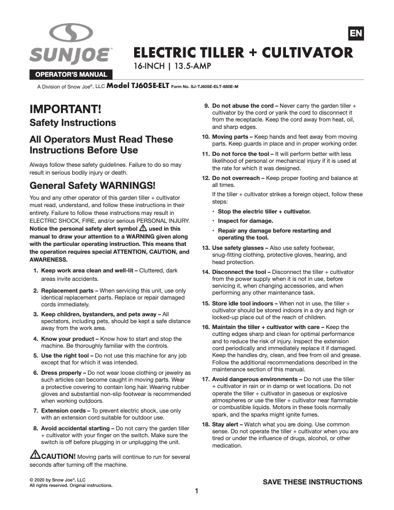 Page 1 de la notice Manuel utilisateur Sun Joe TJ605E-ELT