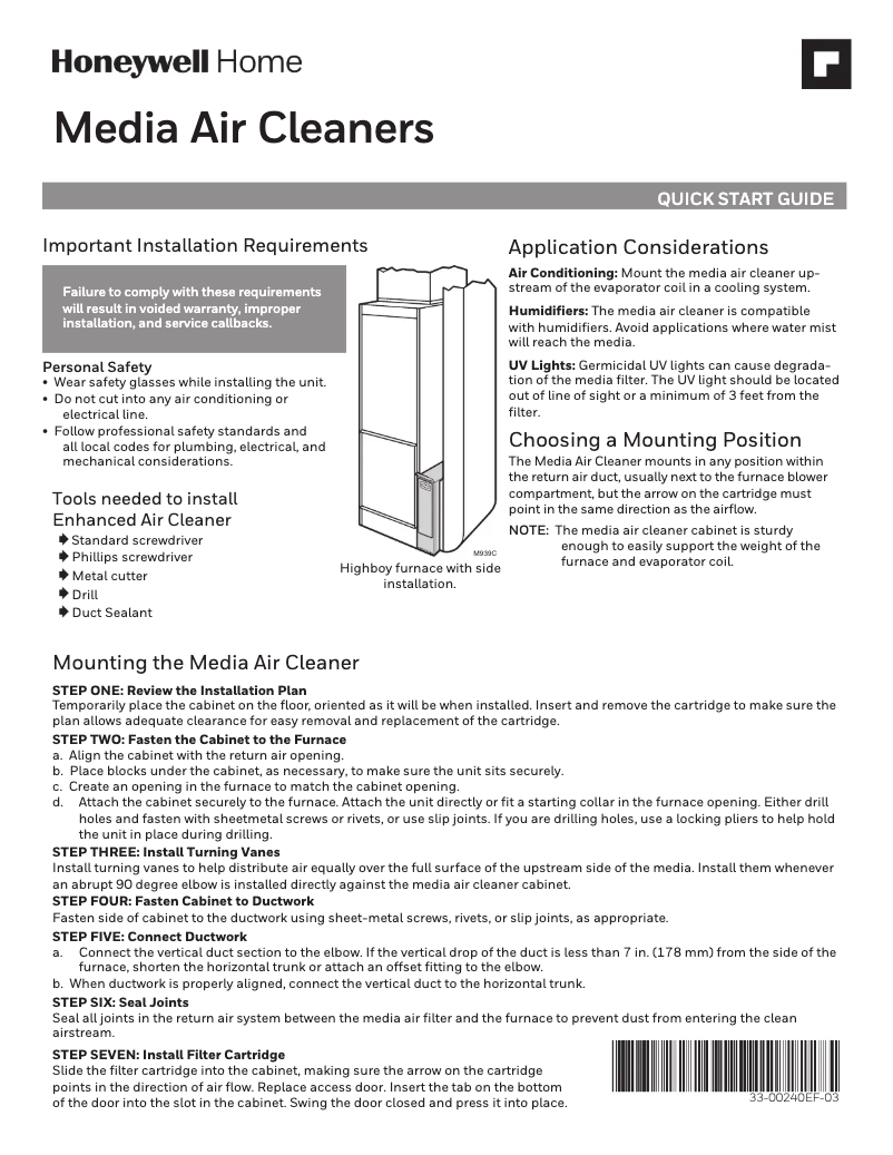 Page 1 de la notice Guide de démarrage rapide Honeywell F100F1625/U