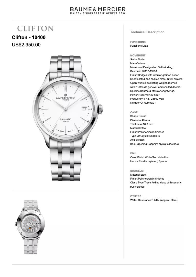 Page 1 de la notice Manuel utilisateur Baume & Mercier Clifton 10400