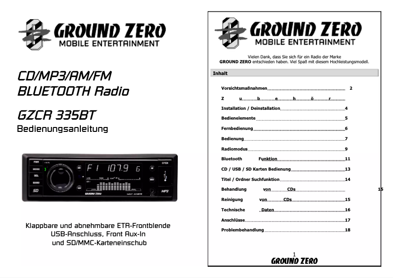 Page 1 de la notice Manuel utilisateur Ground Zero GZCR 335BT
