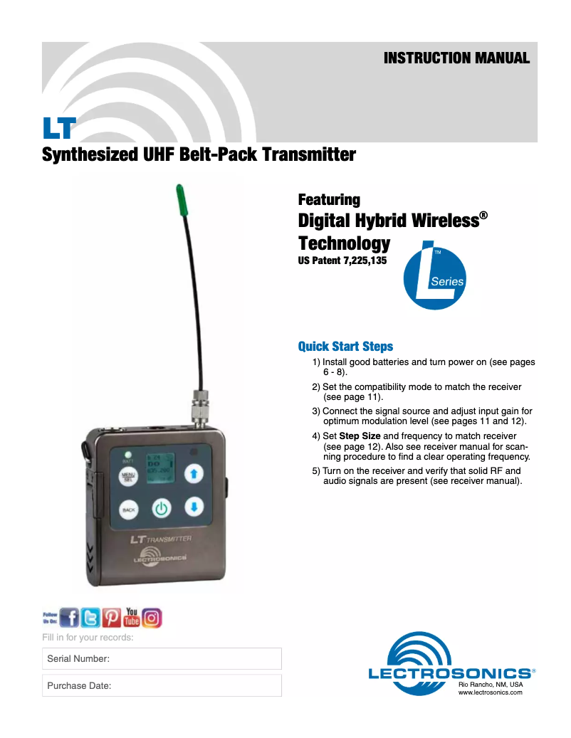 Page n°1 - Manuel utilisateur Lectrosonics LT