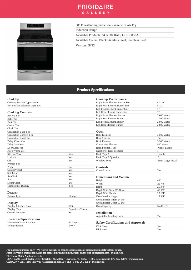 Page 1 de la notice Fiche technique Frigidaire GCRI3058AF