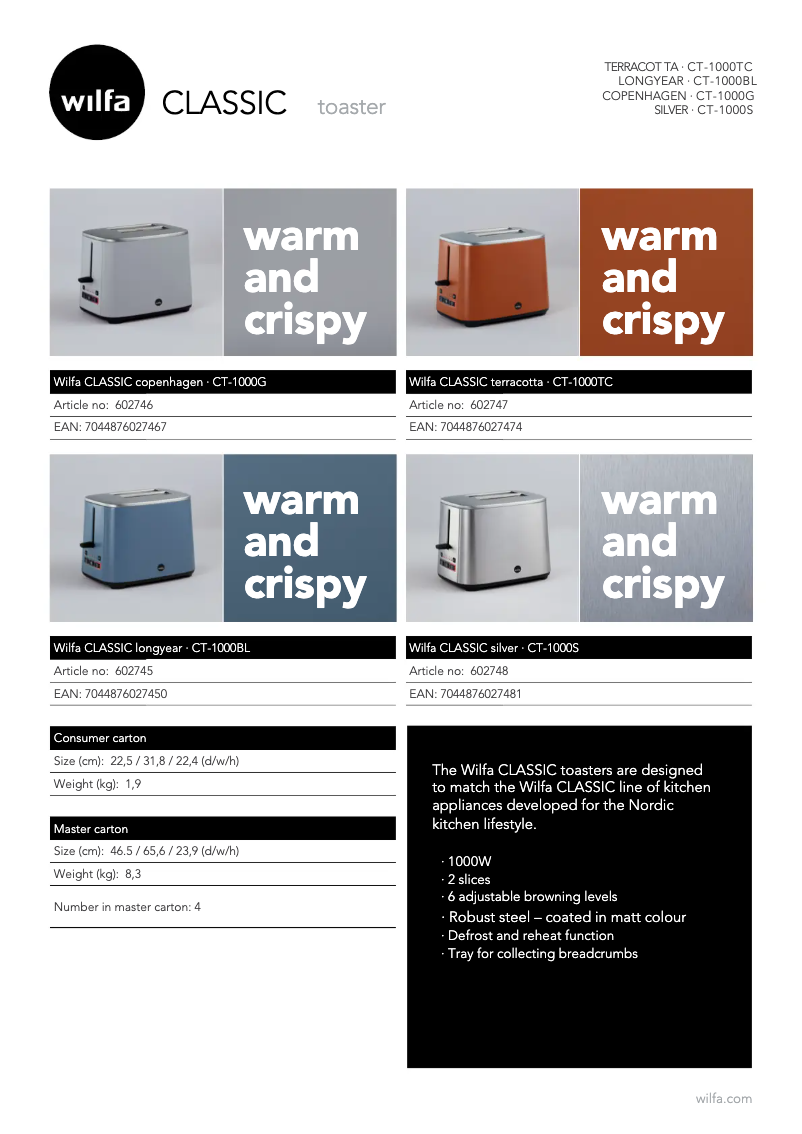 Page 1 de la notice Fiche technique Wilfa Classic CT-1000BL