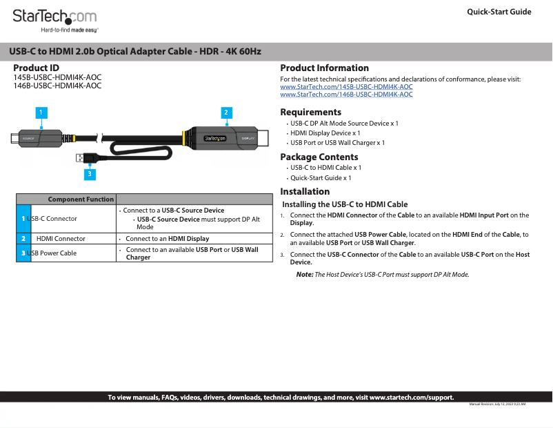 Page 1 de la notice Manuel utilisateur StarTech.com 146B-USBC-HDMI4K-AOC