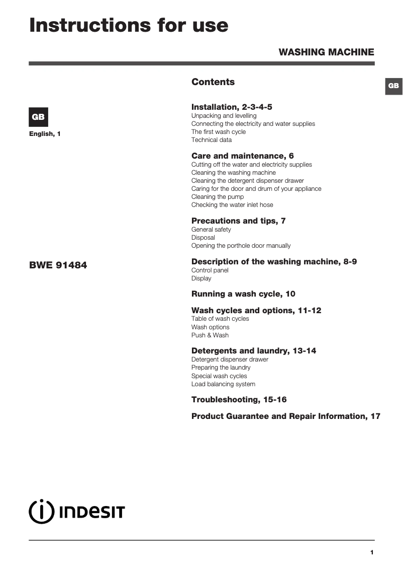 Page n°1 - Fiche technique Indesit BWE 91484X W UK